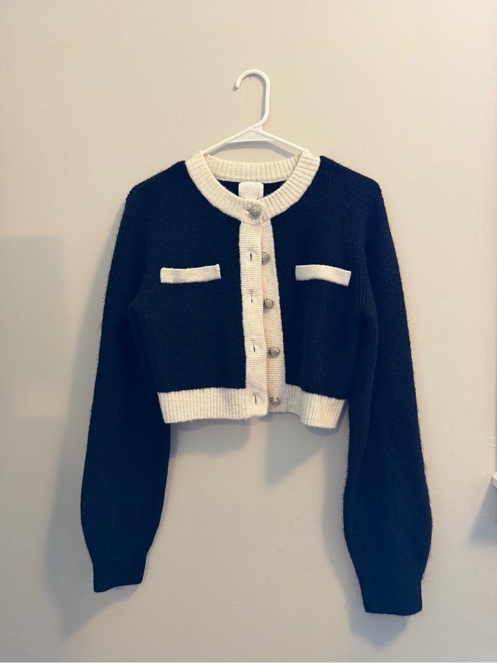 H&M Black Cropped Cardigan with Cream Trim